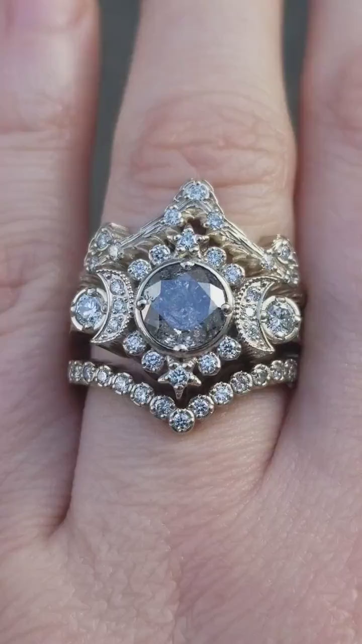 Load and play video in Gallery viewer, Ready to Ship Size 6.5 - 8 - Selene Moon Goddess Ring - Natural Galaxy Diamond with White Diamonds - 14k Palladium White Gold - Pave Chevron

