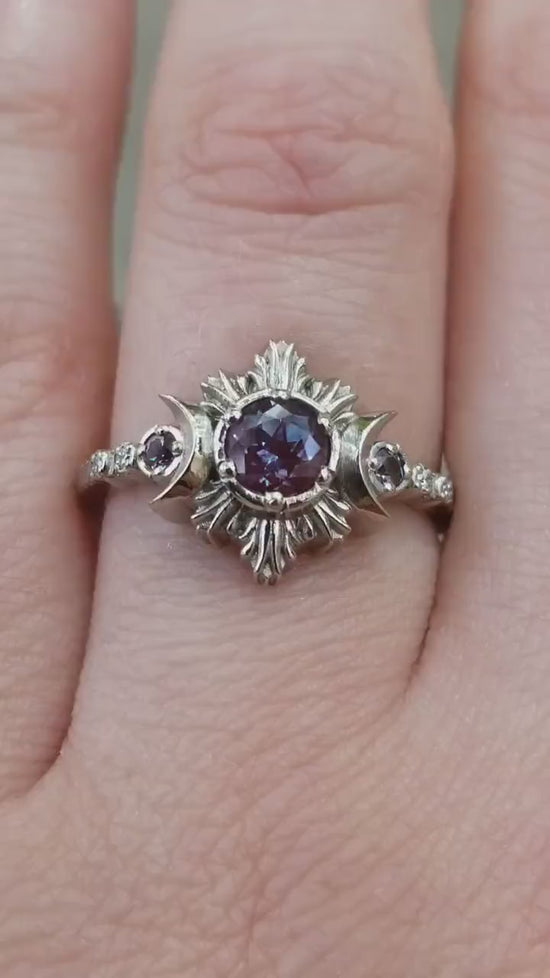 Load and play video in Gallery viewer, Chatham Alexandrite Moonfire Moon Phase Engagement Ring with Diamonds - Bohemian Fine Jewelry
