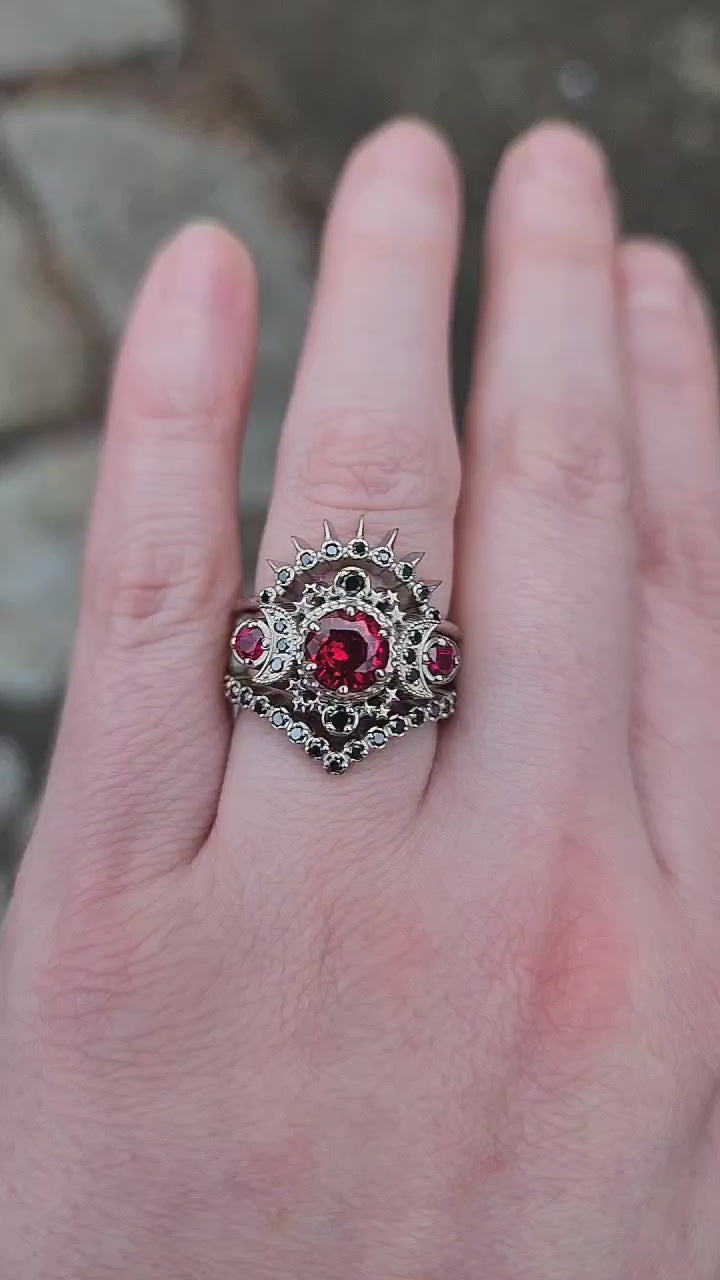 Load and play video in Gallery viewer, Blood Moon Black Diamond &amp;amp; Ruby Cosmos White Gold Moon Engagement Ring Set - Gothic Pagan Wedding Rings - Fine Handmade Jewelry
