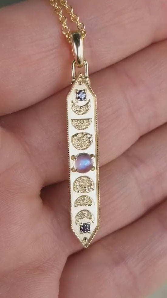 Load and play video in Gallery viewer, 14k Yellow Gold and Moonstone Moon Phase Bar Pendant with Alexandrite - Lunar Bohemian Necklace
