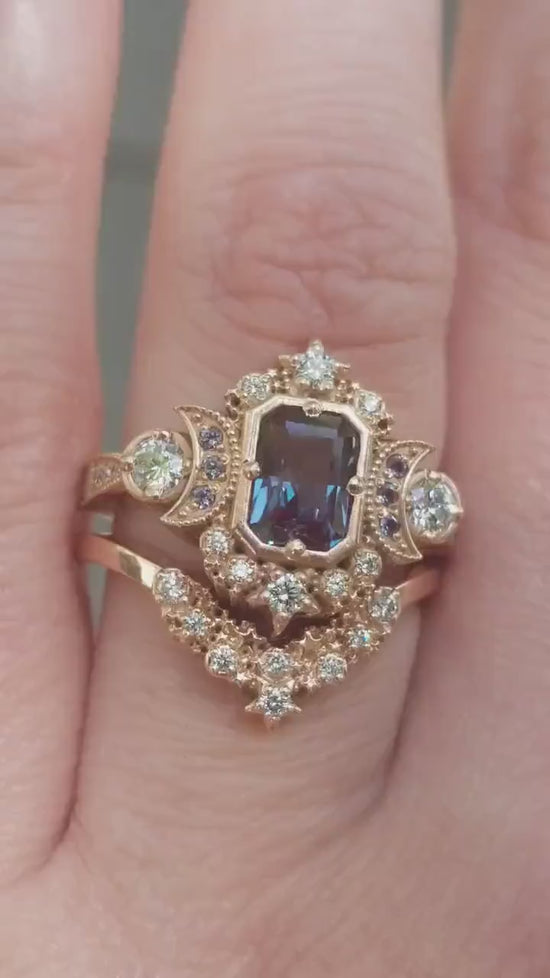 Load and play video in Gallery viewer, Chatham Alexandrite Radiant Emerald Cut Selene Celestial Engagement Ring Set - Diamonds &amp;amp; Crescent Moons - 14k Rose Gold

