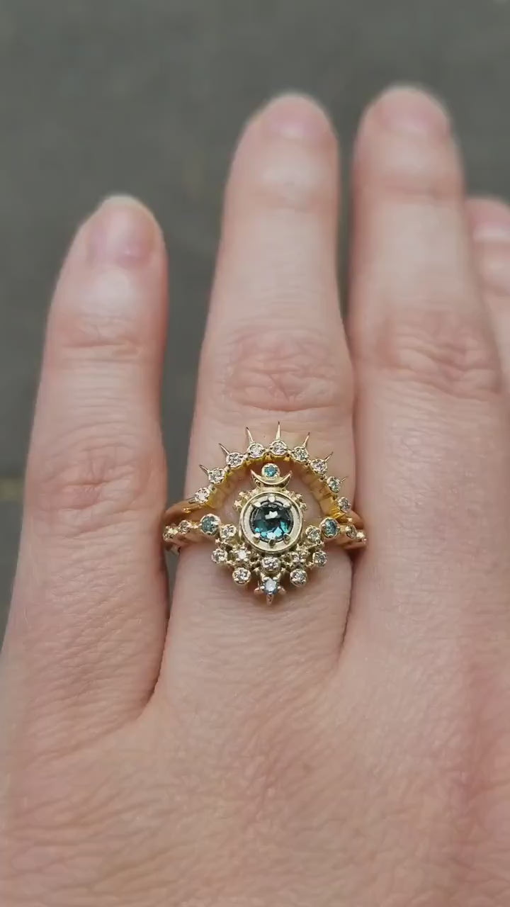 Load and play video in Gallery viewer, Rose Cut Blue Diamond Moon Witch Engagement Ring Set with Sunray - 14k Yellow Gold Celestial Gothic Unique Handmade Jewelry
