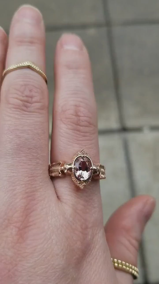 Load and play video in Gallery viewer, Oval Morganite Skeleton Engagement Ring- 14k Rose Gold - Unusual and Unique Engagement Ring - Mourning Jewelry Keepsake
