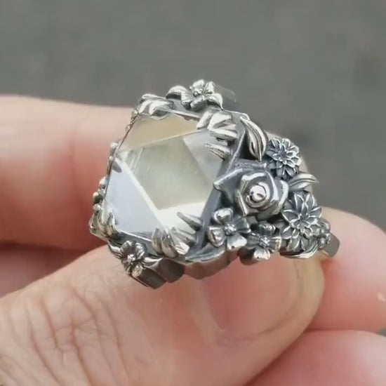 Load and play video in Gallery viewer, Skull and Posy Gothic Silver Cocktail Ring with Quartz Pyramid - Spooky Jewelry
