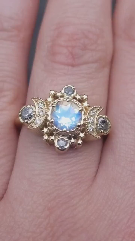 Load and play video in Gallery viewer, Ready to Ship Size 6 - 8 - Rainbow Moonstone and Galaxy Diamond Cosmos Moon &amp;amp; Star Engagement Ring - Boho Commitment Ring - 14k Yellow Gold
