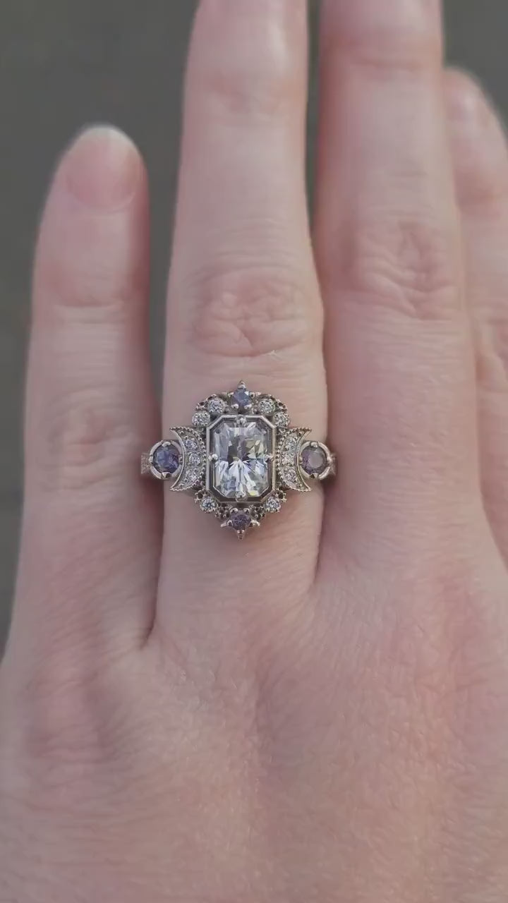 Load and play video in Gallery viewer, Emerald Cut Selene Moon Goddess Engagement Ring - Moissanite , Diamond and Chatham Alexandrite - 14k Palladium White Gold
