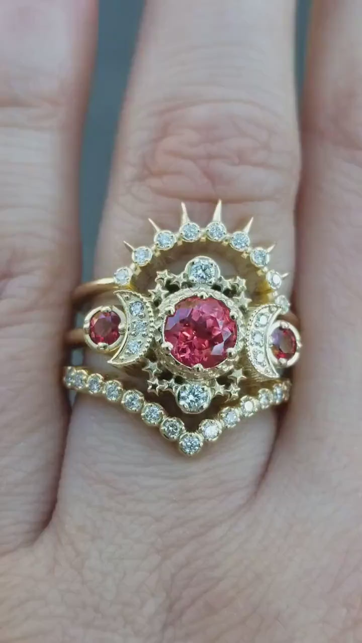 Load and play video in Gallery viewer, Chatham Padparadscha Sapphire Cosmos Yellow Gold Moon Engagement Ring Set - Celestial Wedding Rings
