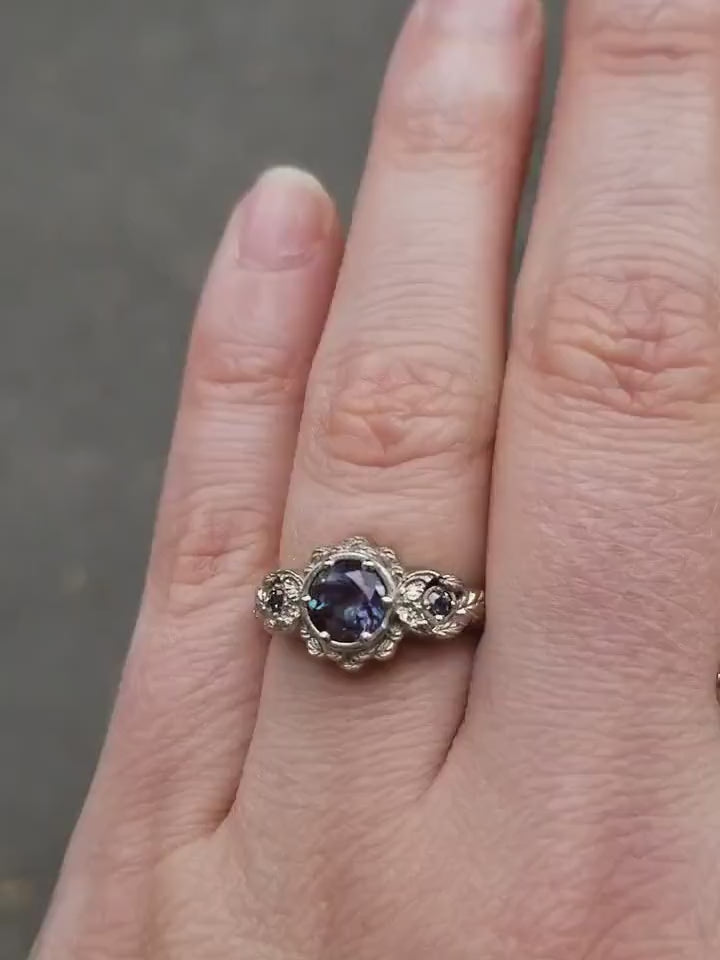 Load and play video in Gallery viewer, Engagement Ring with Chatham Alexandrite Leaf and Crescent Moon Ring - 14k Rose, Yellow or White Gold - Nature Antique Inspired Jewelry
