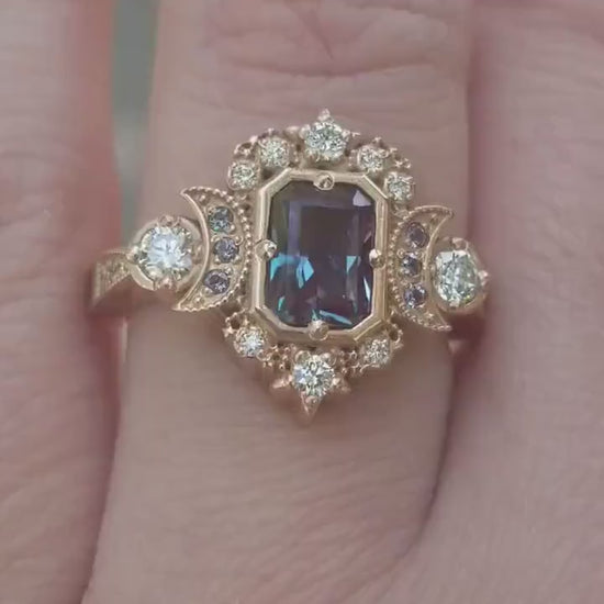 Load and play video in Gallery viewer, Radiant Emerald Cut Alexandrite Selene Crescent Moon Engagement Ring - Diamonds and Chatham Alexandrite - 14k Rose Gold
