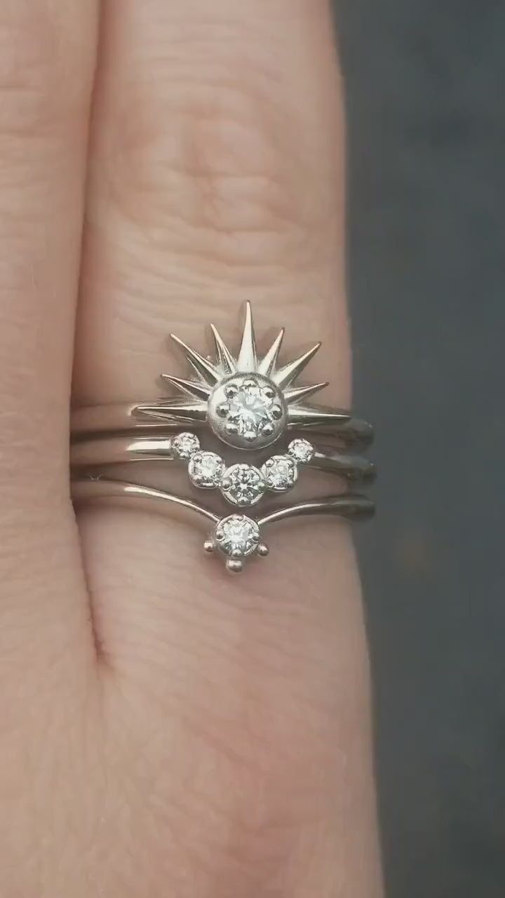 Load and play video in Gallery viewer, Sun Moon and Stars Stacking Ring Set - Sunburst with Diamond and Crescent Moon Engagement Rings
