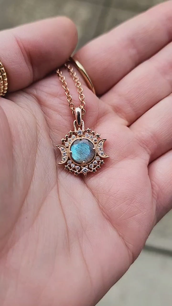 Load and play video in Gallery viewer, Labradorite Serena Moon and Star Pendant with Diamonds - 14k Yellow Gold, 14k Rose Gold or 14k Palladium White Gold - Celestial Necklace
