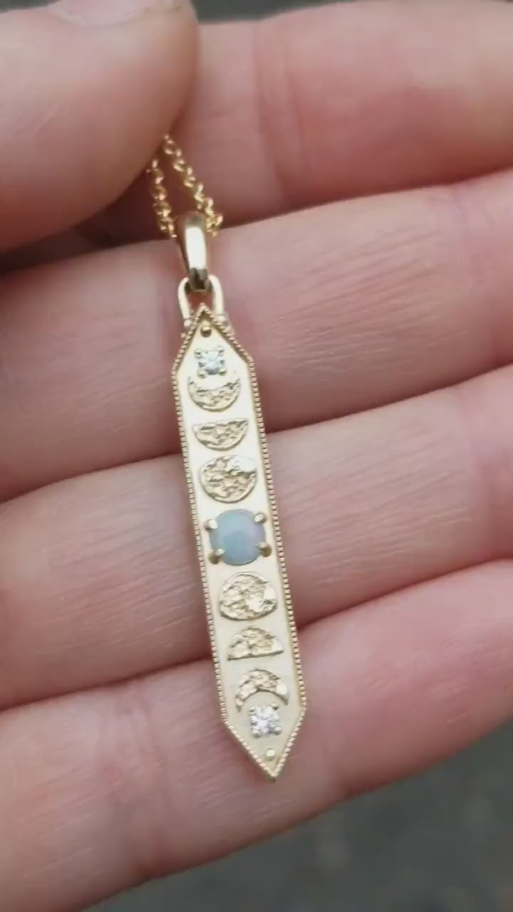 Load and play video in Gallery viewer, Natural Australian Opal &amp;amp; Diamond Moon Phase Bar Pendant - 14k Yellow Gold 14k Rose Gold or 14k Palladium White Gold - Celestial Necklace

