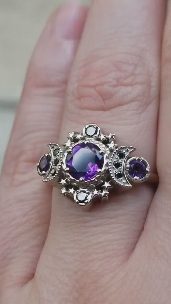Load and play video in Gallery viewer, Amethyst and Black Diamond Cosmos Engagement Ring - Gothic Engagement Fine Jewelry
