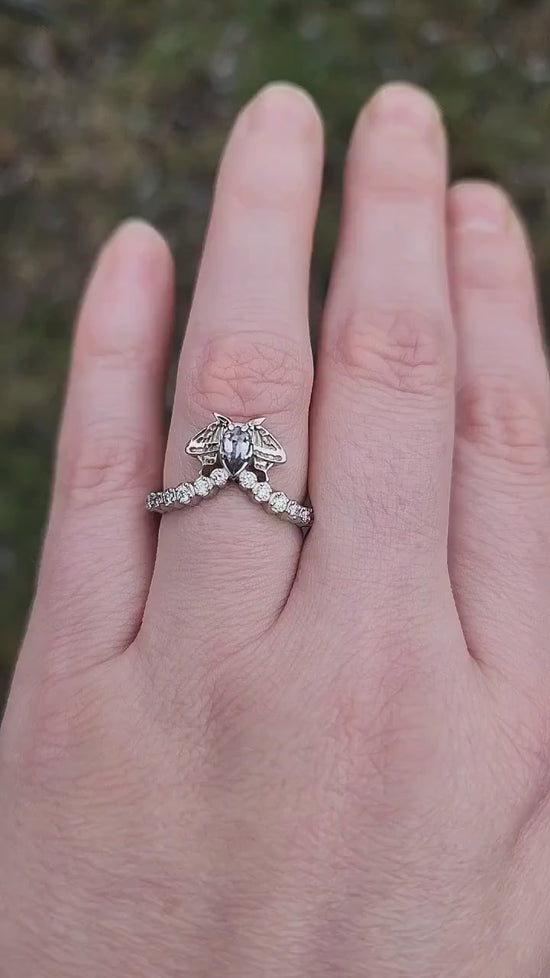 Load and play video in Gallery viewer, diamond gothic bug moth engagement ring white gold
