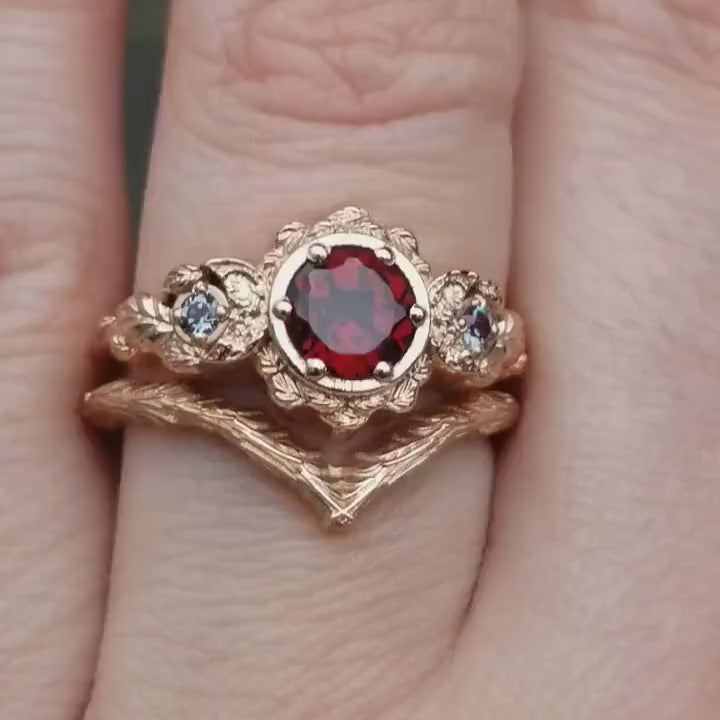 Load and play video in Gallery viewer, Red Garnet &amp;amp; Chatham Alexandrite Leafy Moon Ring  and Forest Chevron - 14k Rose Gold - Nature Wedding Ring Sets
