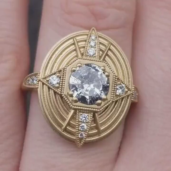 Load and play video in Gallery viewer, Ready to Ship Size 6 - 8 - Art Deco Compass Rose Ring with Salt &amp;amp; Pepper Diamond Center and White Diamonds - Sandblasted 14k Yellow Gold
