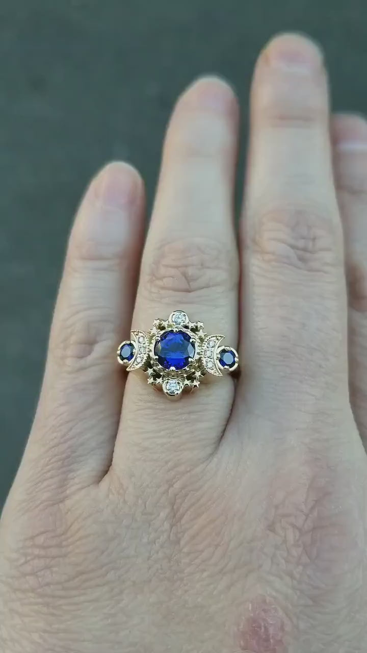 Load and play video in Gallery viewer, Chatham Sapphire Cosmos Triple Moon Engagement Ring - 14k Gold and Diamonds
