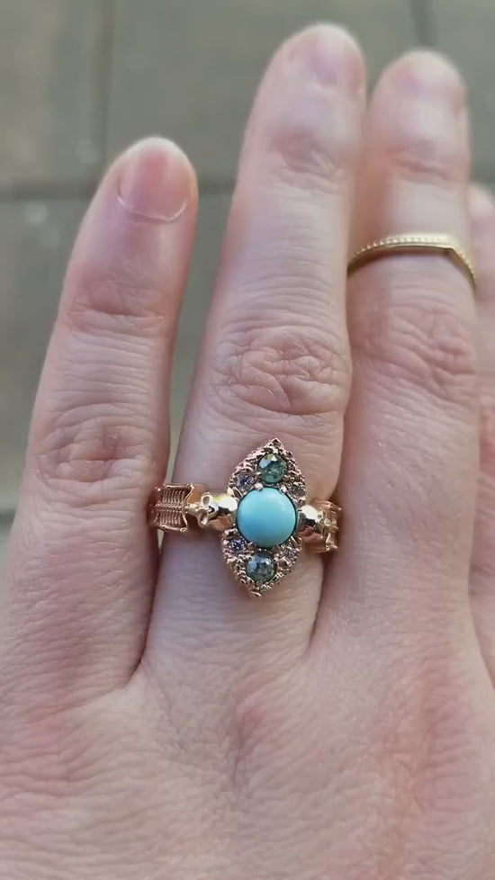 Load and play video in Gallery viewer, Kingman Turquoise Skeleton Engagement Ring with Green &amp;amp; White Diamonds - 14k Rose Gold - Pastel Goth Unique Wedding Ring Memento Mori
