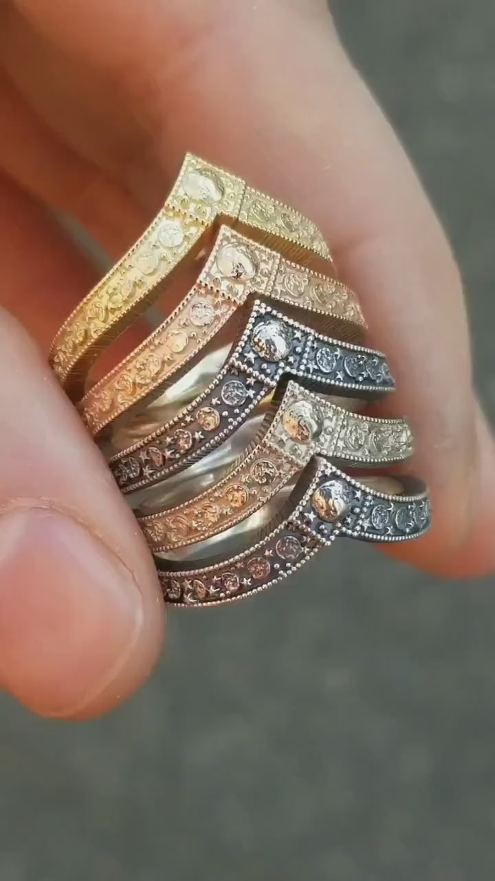 Load and play video in Gallery viewer, Luna Diadem Moon Phase Stacking Chevron Wedding Ring - Yellow Gold, Rose Gold or Palladium White Gold or Sterling Silver Band
