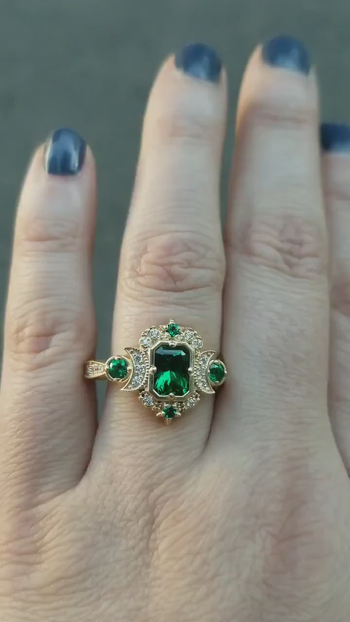 Load and play video in Gallery viewer, Chatham Emerald Selene Diamond Crescent Moon Engagement Ring - Emerald Cut Emerald - 14k Yellow Gold, 14k Rose Gold or 14k White Gold
