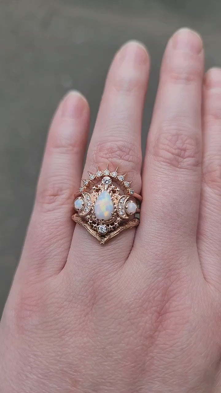 Load and play video in Gallery viewer, Opal Engagement Ring Set - Pear Cosmos Ring with Diamonds - Stars &amp;amp; Crescents Wedding Ring - Chatham Opals - Celestial Witchy Fine Jewelry

