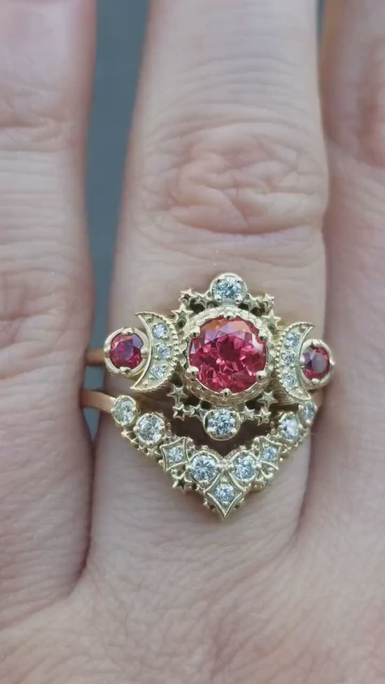 Load and play video in Gallery viewer, Chatham Padparadscha Sapphire Cosmos Moon Engagement Ring Set - Modern Bohemian Wedding Rings
