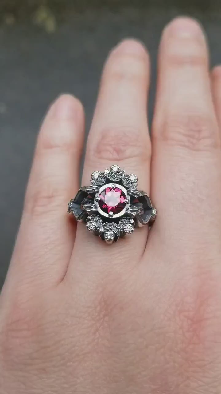 Load and play video in Gallery viewer, Gothic Snake and Crescent Moon Engagement Ring - Rhodolite Garnet and Silver Galaxy Diamonds
