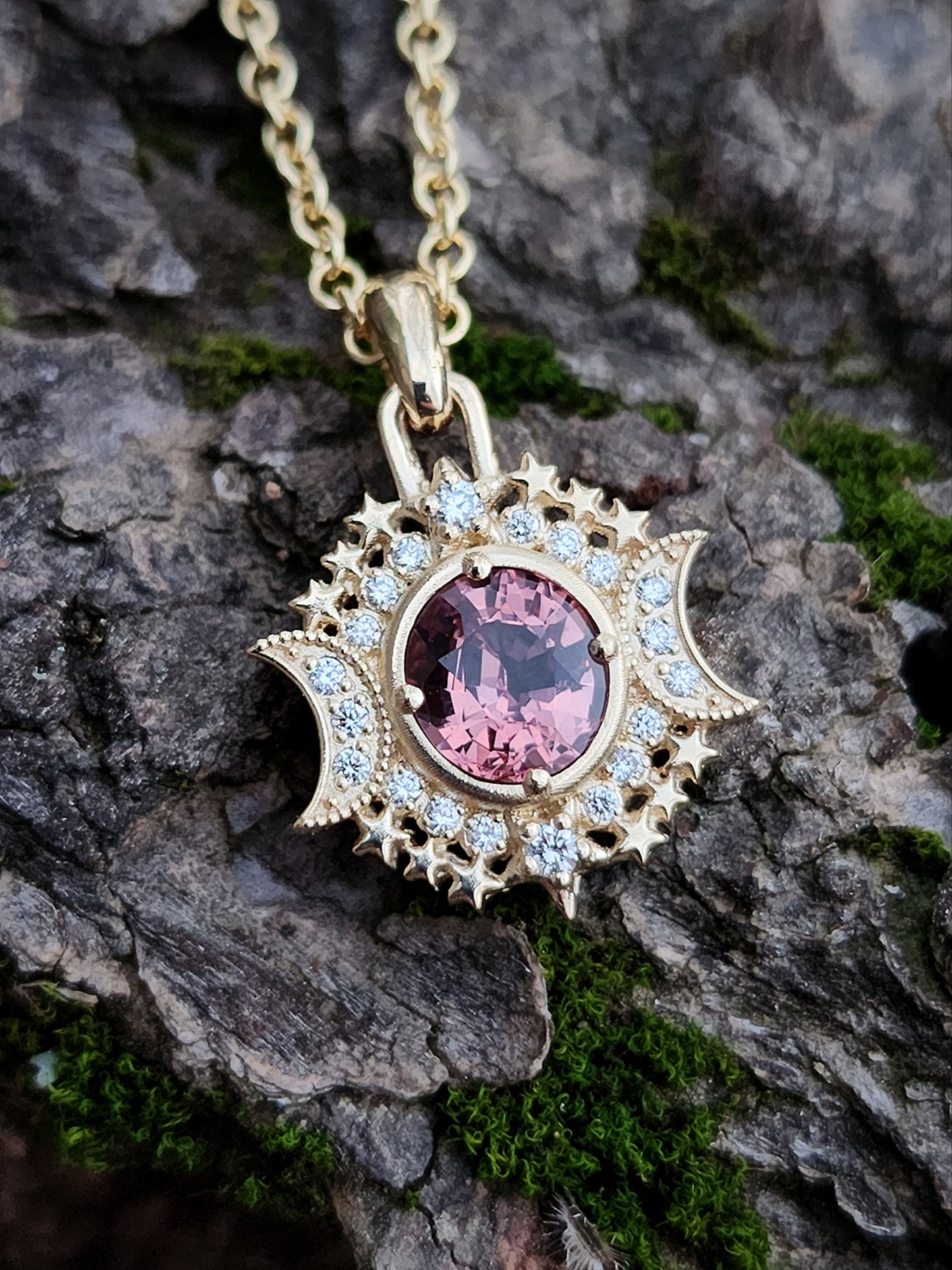 Ready to Ship - Serena Moon and Star Pendant with Pink Spinel & Diamonds - 14k Yellow Gold - Celestial Valentines Gift