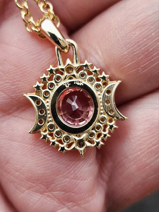 Ready to Ship - Serena Moon and Star Pendant with Pink Spinel & Diamonds - 14k Yellow Gold - Celestial Valentines Gift
