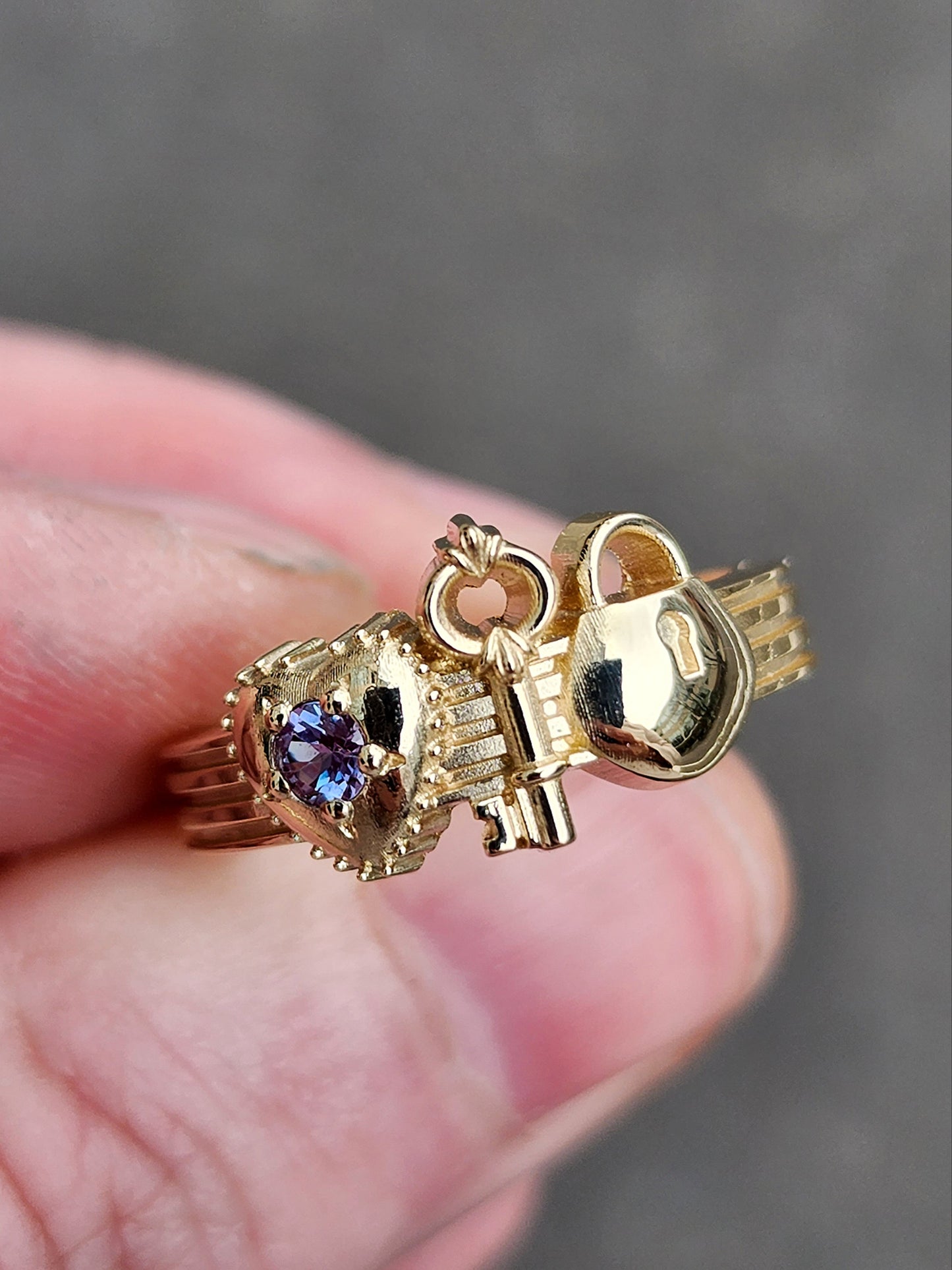 Load image into Gallery viewer, Antique Mine Cut Diamond Gold Lock and Key to My Heart Ring - Love Token Victorian Style Engagement Ring - 14k Yellow Gold, 14k Rose Gold or 14k Palladium White Gold
