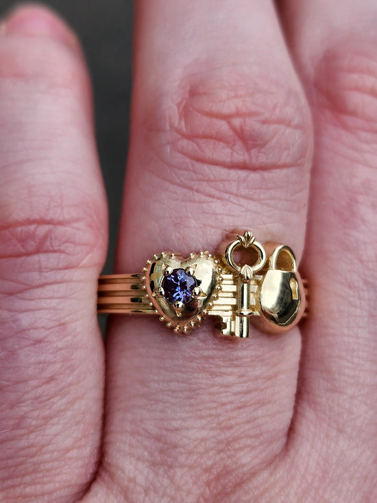 Load image into Gallery viewer, Antique Mine Cut Diamond Gold Lock and Key to My Heart Ring - Love Token Victorian Style Engagement Ring - 14k Yellow Gold, 14k Rose Gold or 14k Palladium White Gold
