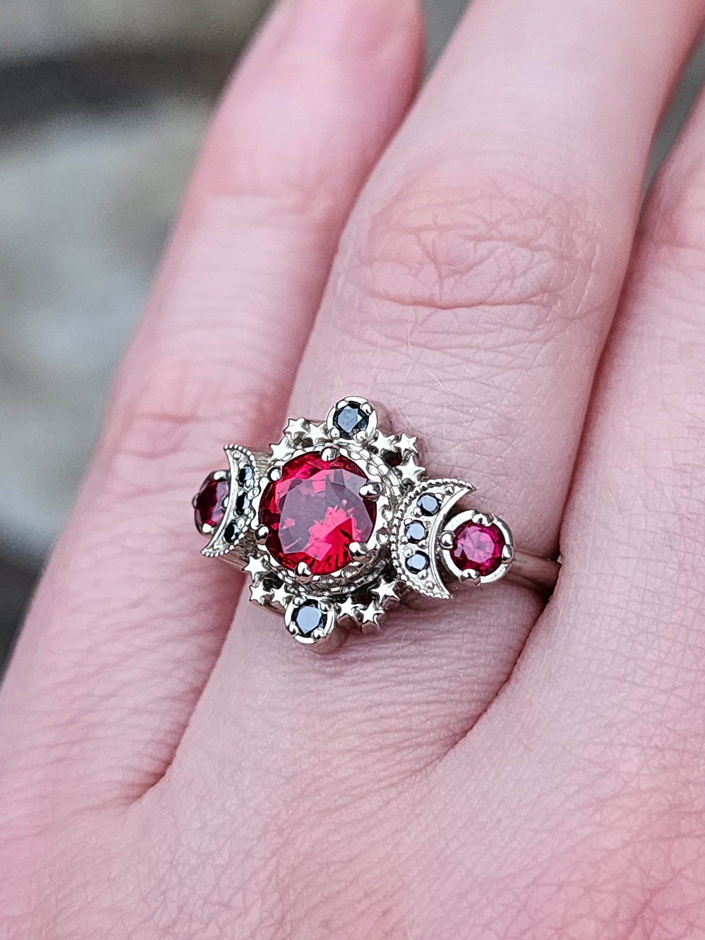 Load image into Gallery viewer, Blood Moon Chatham Ruby Engagement Ring with Black Diamonds Cosmos Gothic Triple Moon Wedding Ring - 14k Palladium Gold
