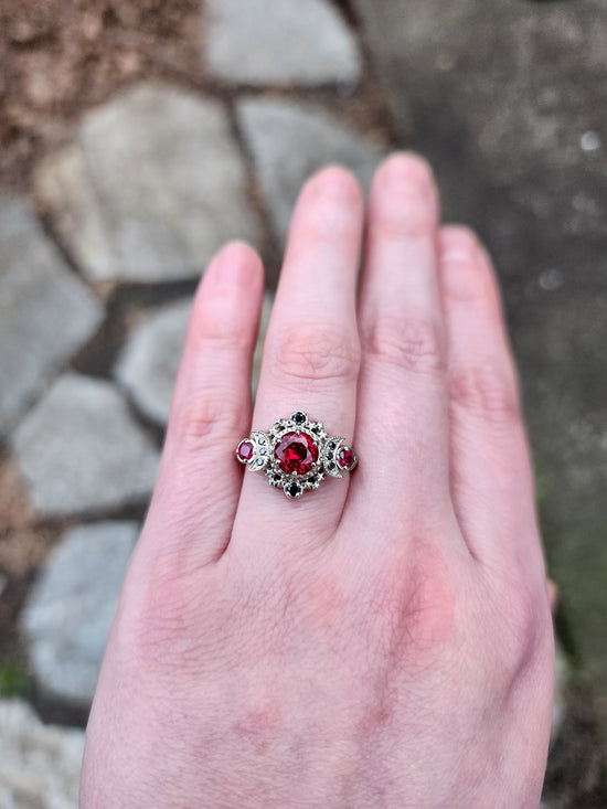 Load image into Gallery viewer, Blood Moon Chatham Ruby Engagement Ring with Black Diamonds Cosmos Gothic Triple Moon Wedding Ring - 14k Palladium Gold
