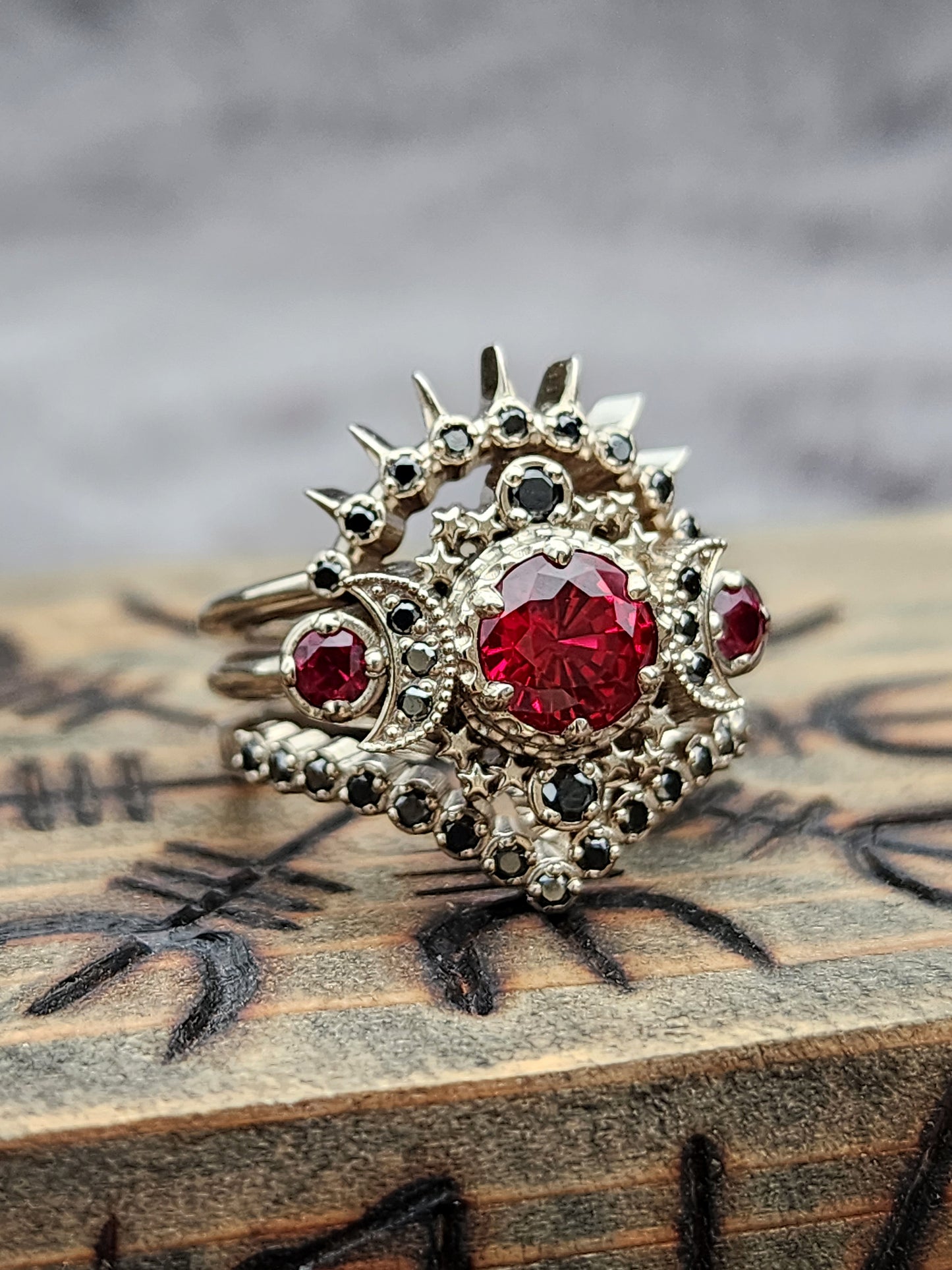 Load image into Gallery viewer, Blood Moon Black Diamond &amp;amp; Ruby Cosmos White Gold Moon Engagement Ring Set - Gothic Pagan Wedding Rings - Fine Handmade Jewelry
