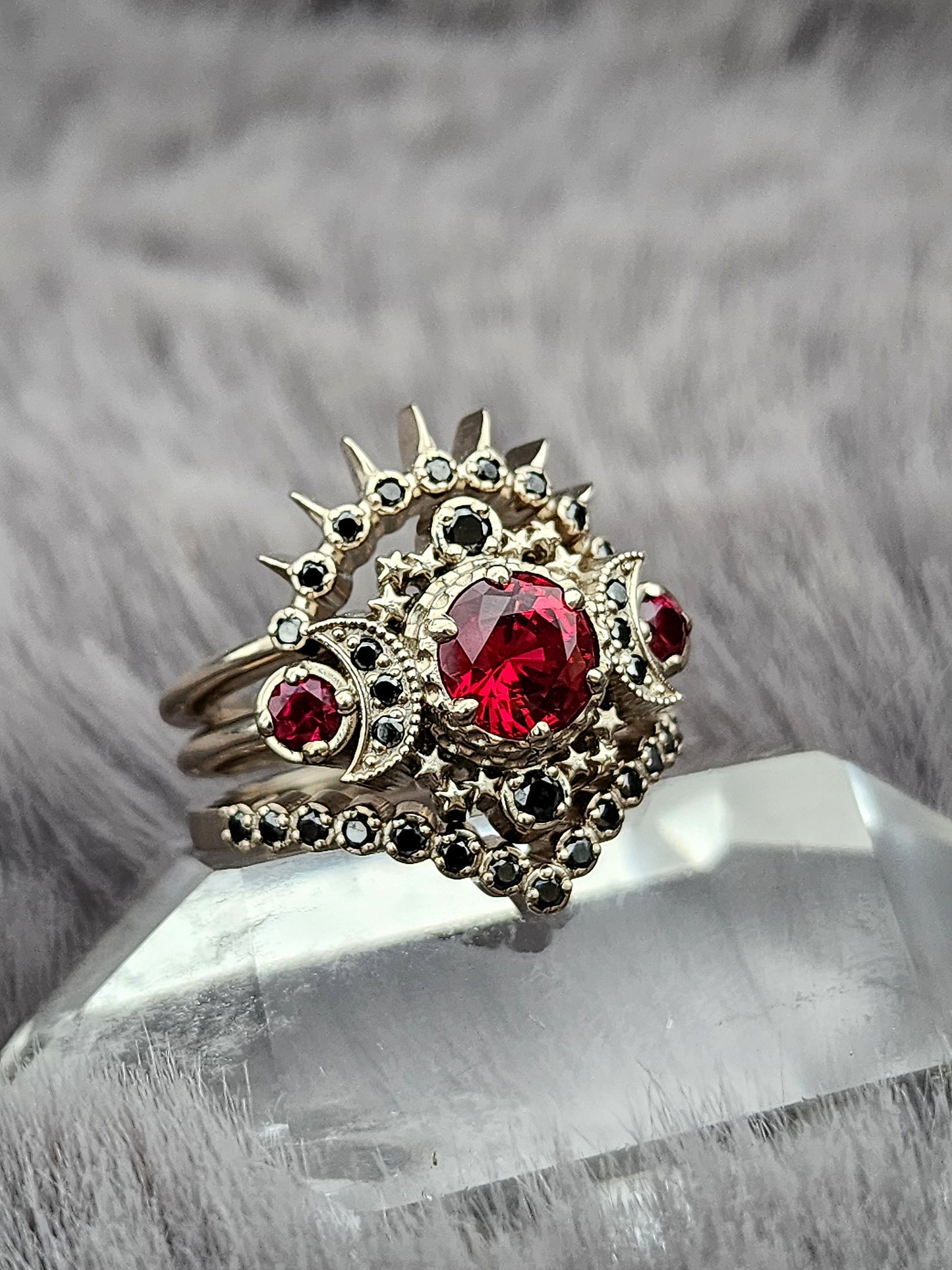 Blood Moon Black Diamond & Ruby Cosmos White Gold Moon Engagement Ring Set - Gothic Pagan Wedding Rings - Fine Handmade Jewelry