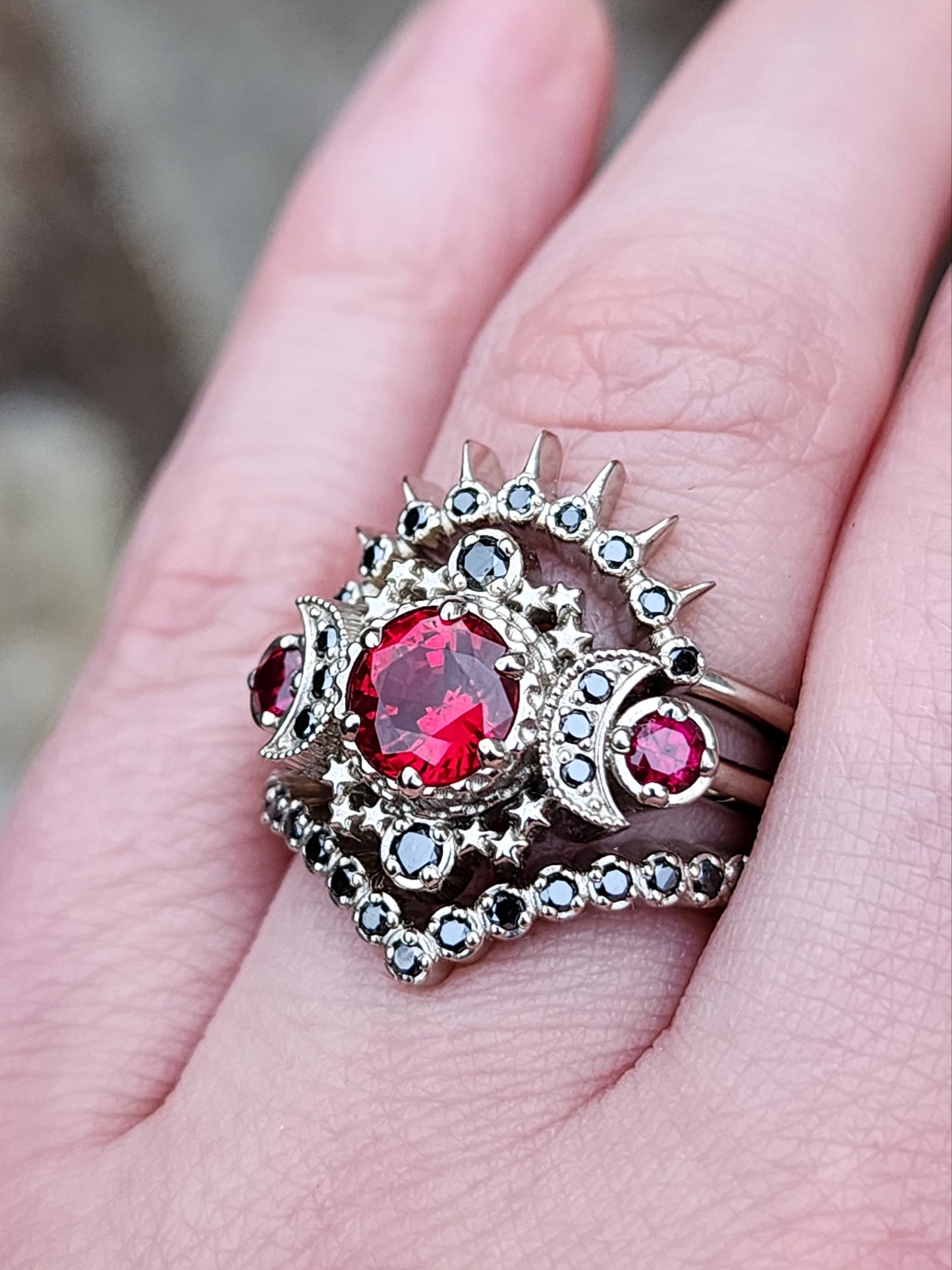 Load image into Gallery viewer, Blood Moon Black Diamond &amp;amp; Ruby Cosmos White Gold Moon Engagement Ring Set - Gothic Pagan Wedding Rings - Fine Handmade Jewelry
