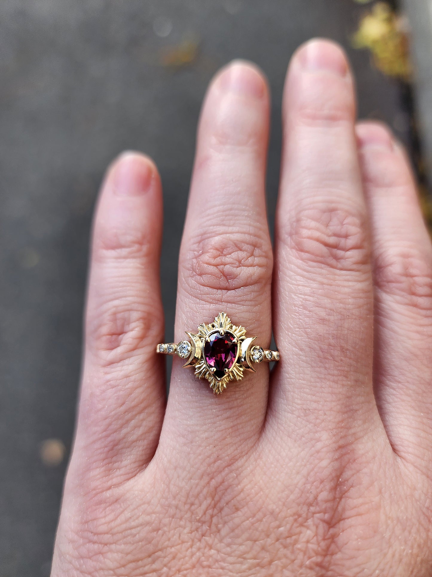 Load image into Gallery viewer, Pear Rhodolite Garnet Engagement Ring with Crescent Moons and Diamonds - Moon Fire Celestial 14k Yellow Gold Wedding Ring
