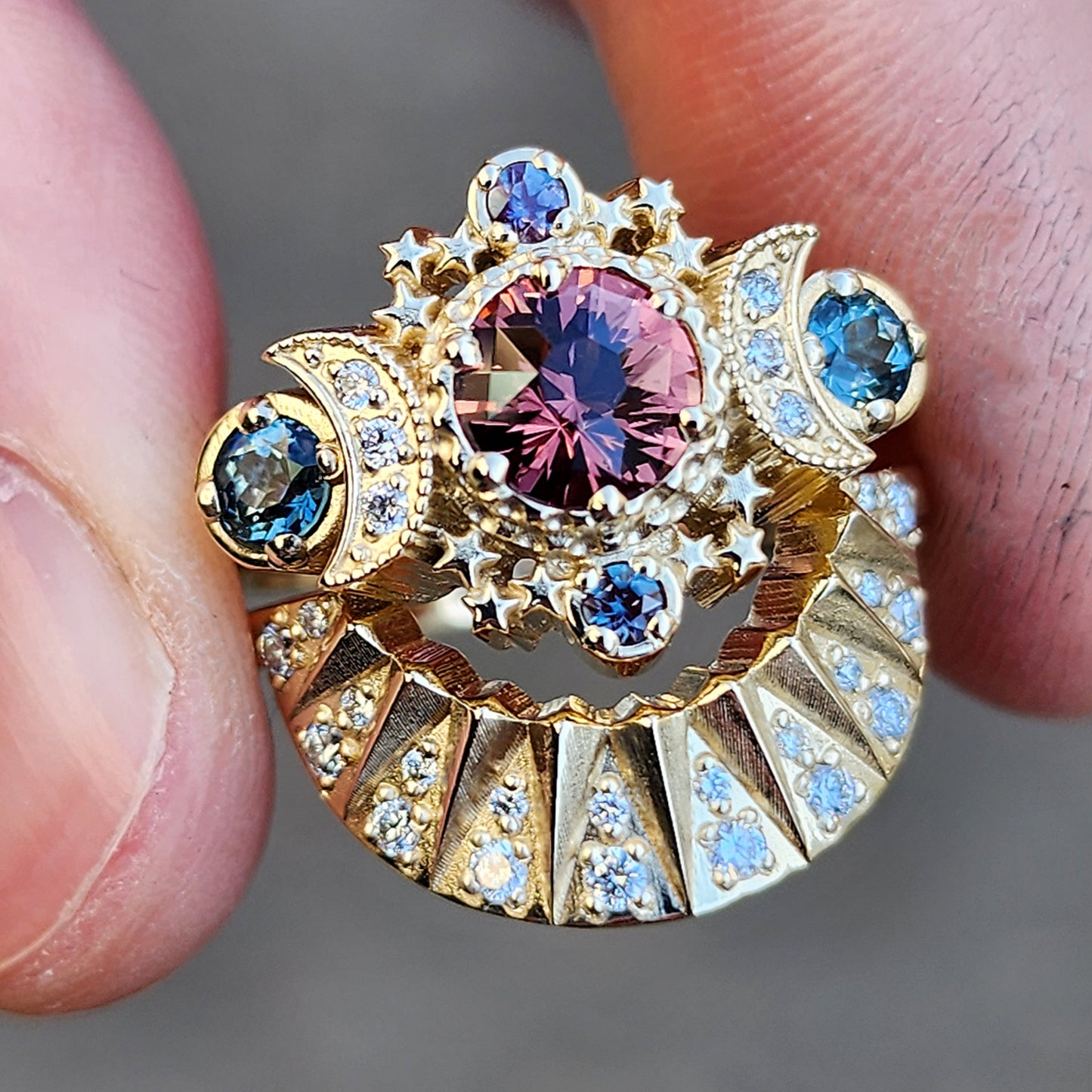 One of a Kind Imperial Garnet, Madagascar Sapphire and Chatham Alexandrite Cosmos with Diamond Sunrise Wedding Band - 14k Yellow Gold - Size 6 - 8