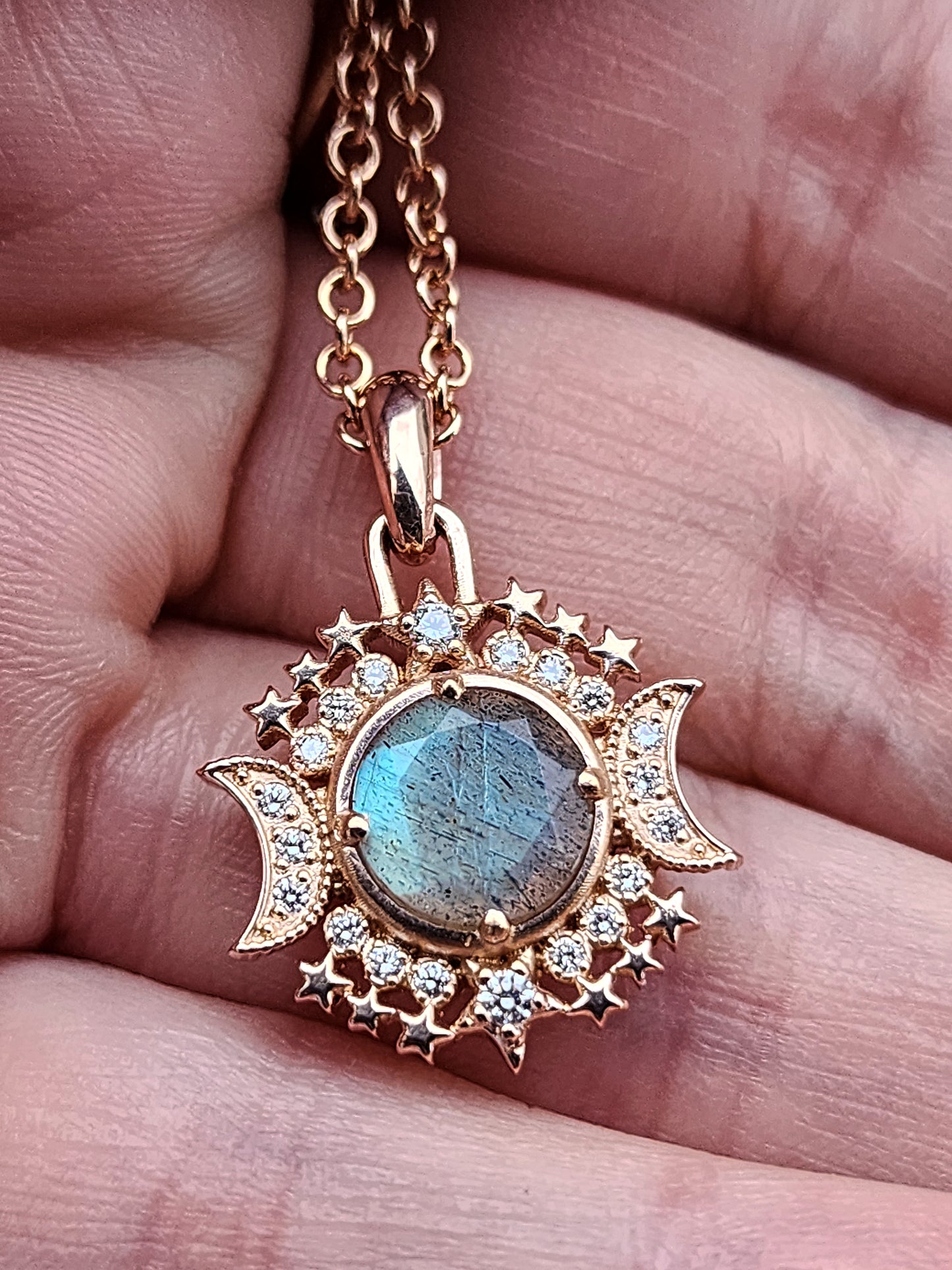 Labradorite Serena Moon and Star Pendant with Diamonds - 14k Yellow Gold, 14k Rose Gold or 14k Palladium White Gold - Celestial Necklace