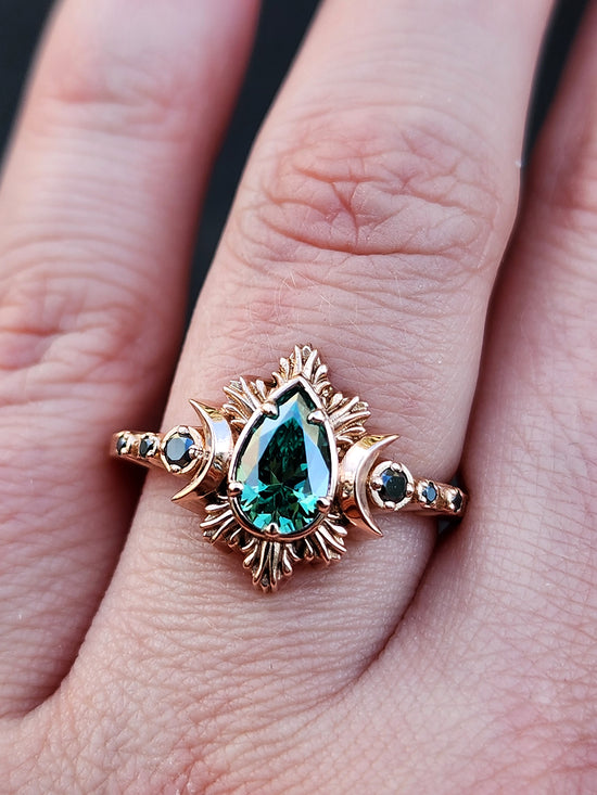 Green Moissanite Pear Moon Fire Lunar Engagement Ring - Black Diamonds and 14k Rose Gold with Crescents Gothic Unusual Wedding Ring