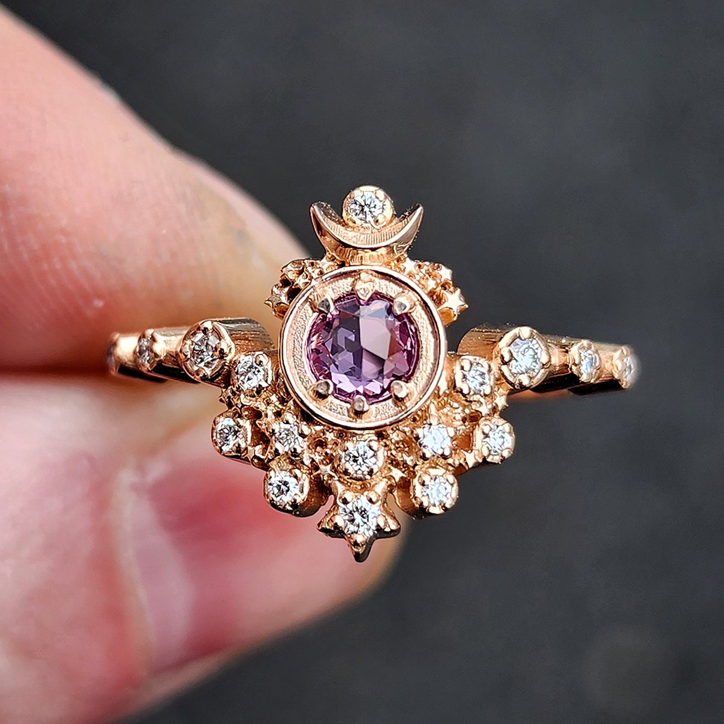 Rose Cut Purple Sapphire Moon Witch Engagement Ring with Diamonds and Stardust - 14k Rose Gold