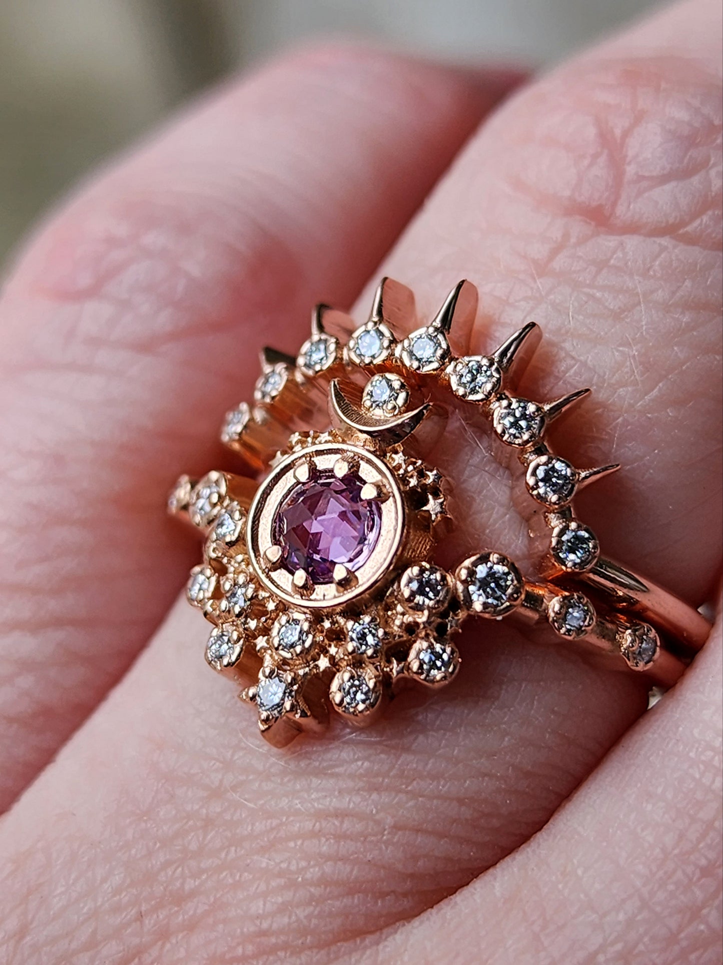 Rose Cut Purple Sapphire Moon Witch Engagement Ring Set with Diamonds and Stardust - 14k Rose Gold - Celestial Lunar Wedding Ring Set