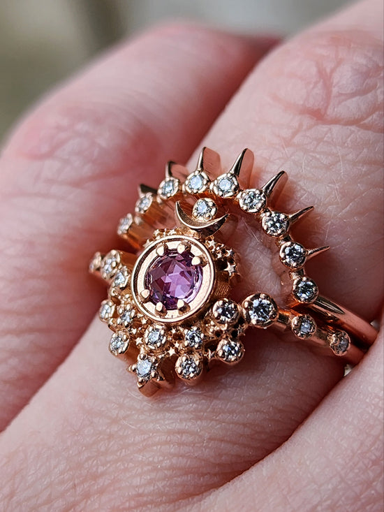 Rose Cut Purple Sapphire Moon Witch Engagement Ring Set with Diamonds
