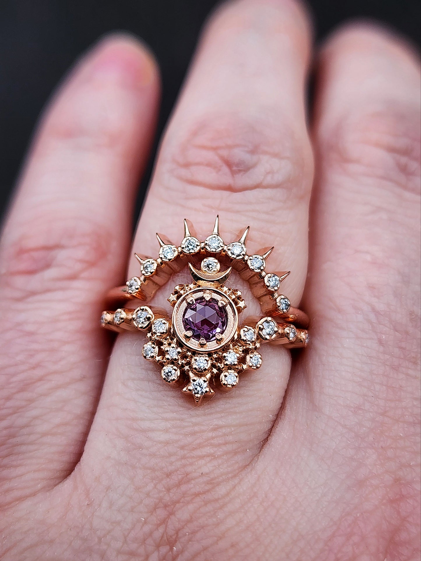 Ready to Ship Size 6-8 - Rose Cut Purple Sapphire Moon Witch Engagement Ring Set with Diamonds and Stardust - 14k Rose Gold - Celestial Lunar Wedding Ring Set