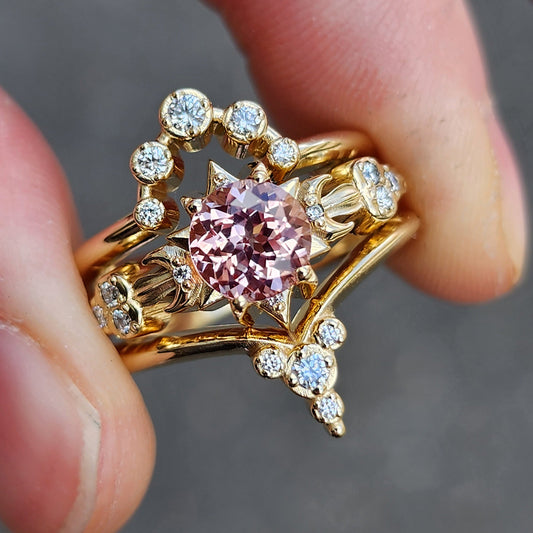 Ready to Ship Size 6-8 - Star Engagement Ring Set - Celestial Setting with Diamond Clouds and Crescent Moons - Modern Luna Gold Ring Peachy Pink Chatham Champagne Sapphire