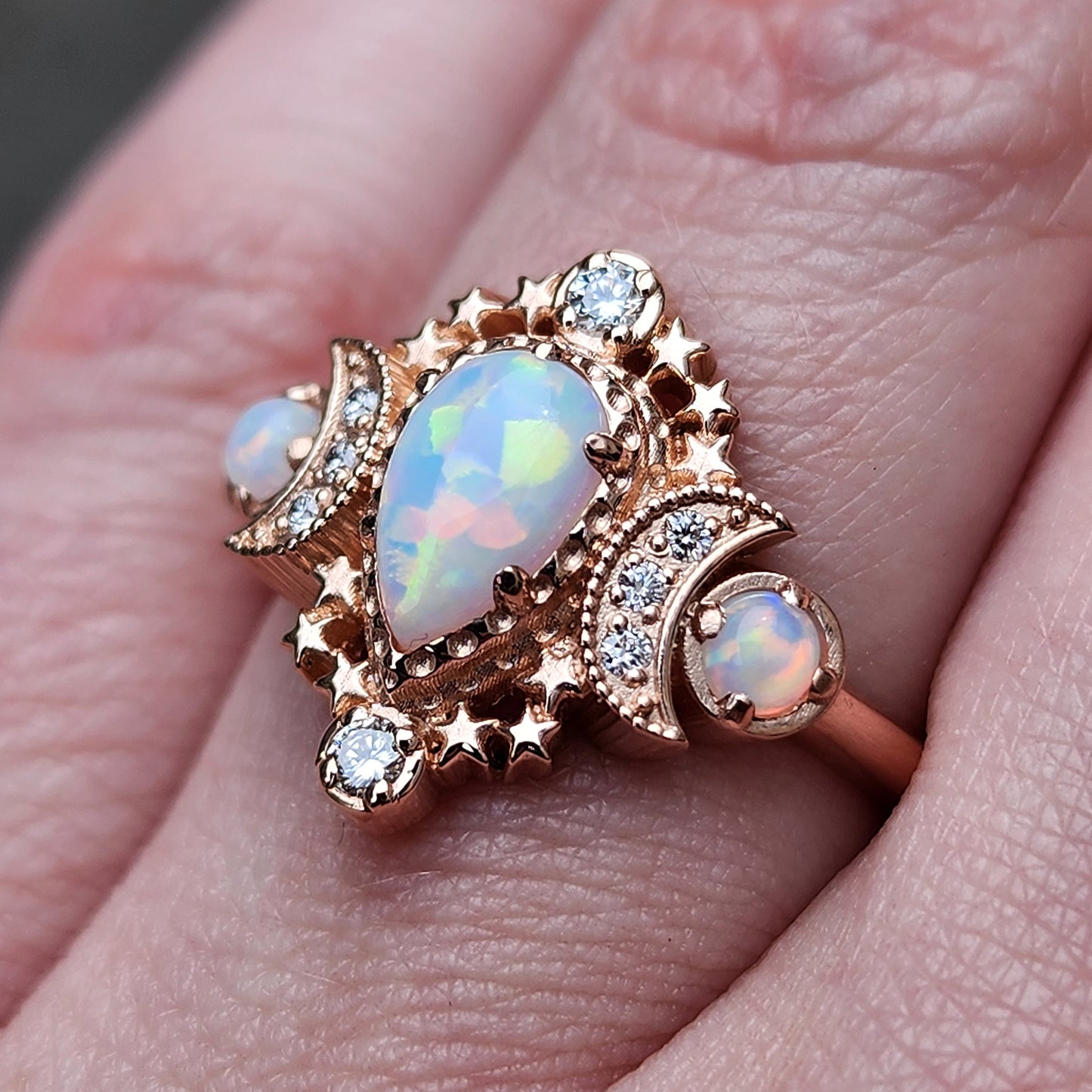 Pear Opal Cosmos Moon Ring with Diamonds - Star and Moon Engagement Ri –  Swank Metalsmithing