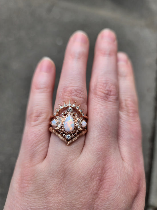 Load image into Gallery viewer, Opal Engagement Ring Set - Pear Cosmos Ring with Diamonds - Stars &amp;amp; Crescents Wedding Ring - Chatham Opals - Celestial Witchy Fine Jewelry
