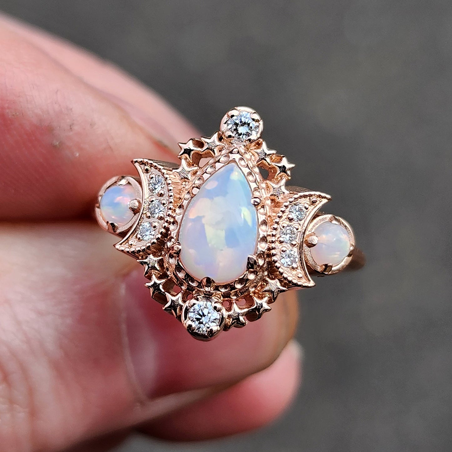Pear Opal Cosmos Moon Ring with Diamonds - Star and Moon Engagement Ring - Chatham Opals - Celestial Wedding Fine Jewelry
