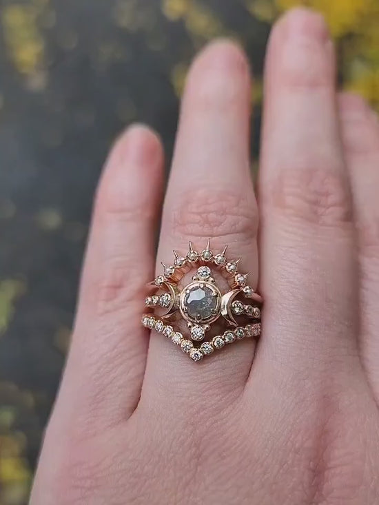 Load and play video in Gallery viewer, Ready to Ship Size 6 - 8- Rose Cut Gray Diamond Compass Moon 3 Ring Engagement Set - 14k Rose Gold - Pearl Sunray and Diamond Pave Chevron

