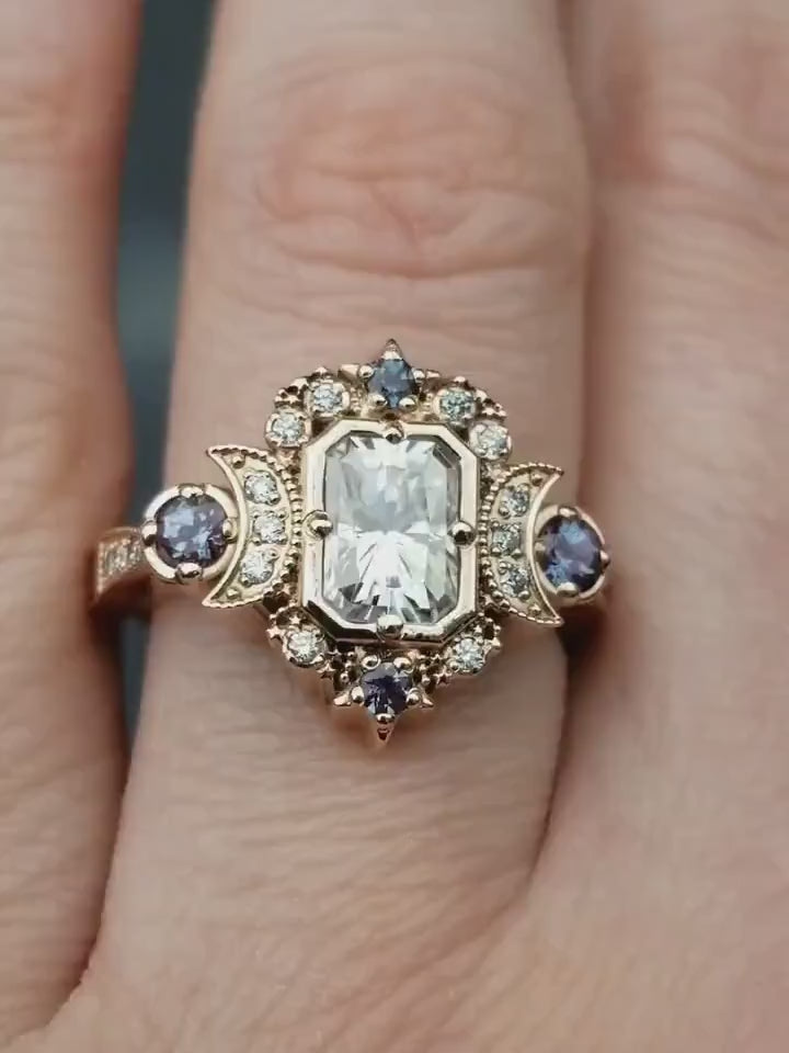Load and play video in Gallery viewer, Radiant Selene Moon Goddess Engagement Ring - Moissanite , Diamond and Chatham Alexandrite - 14k Rose Gold - Celestial Bohemian
